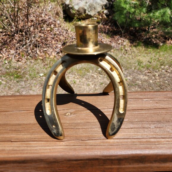 Vintage Solid Brass Double Horseshoe Candle Holder - Picture 8 of 11